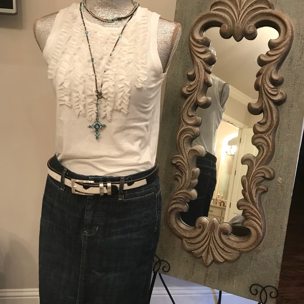 Cute J Crew Jean skirt and Gap Ruffle Tuxedo Tank.